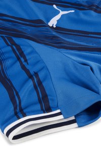 Blauw sportshirt met zwarte strepen, vochtafvoerend materiaal, ronde onderrand, voorzien van een wit logo en ribgebreide manchetten met marineblauw en witte strepen.