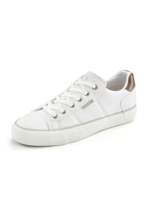 White canvas sneaker with a rounded toe, silver eyelets, and a brown heel accent. Features a rubber sole and white laces.