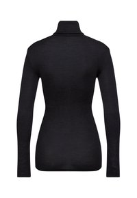 Schwarzer Rollkragenpullover mit langen Ärmeln, gerippter Textur, taillierter Passform und ohne sichtbare Hardware oder Dekorationen. Rückansicht dargestellt.