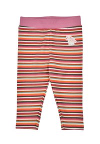 Striped leggings with pink waistband. Features alternating colors of red, orange, brown, and blue. Includes a small white unicorn accent.