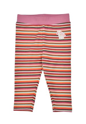 Gestreifte Leggings mit pinkem Bund. Sie zeigen abwechselnde Farben von Rot, Orange, Braun und Blau. Enthält einen kleinen weißen Einhorn-Akzent.