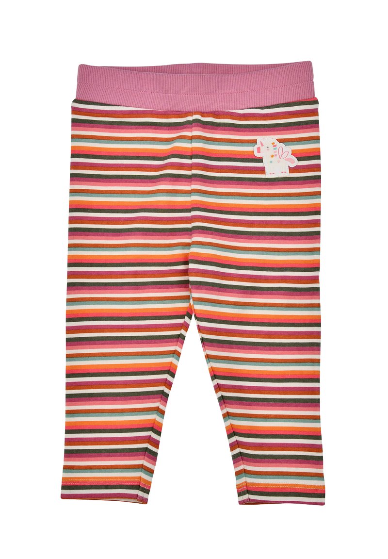 Striped leggings with pink waistband. Features alternating colors of red, orange, brown, and blue. Includes a small white unicorn accent.