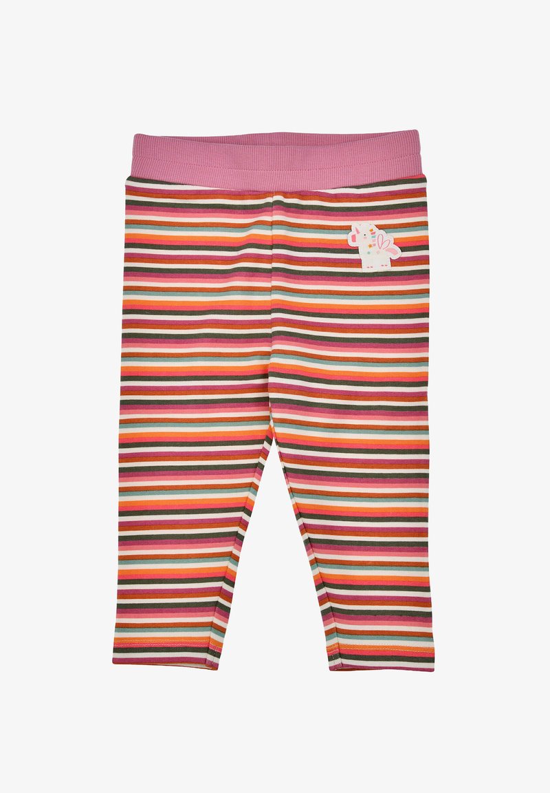 Striped leggings with pink waistband. Features alternating colors of red, orange, brown, and blue. Includes a small white unicorn accent.