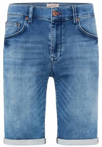 Džínové šortky v světle modré barvě, s pěti kapsami, ohrnutými nohavicemi, měděnými detaily a štítkem na pásku.