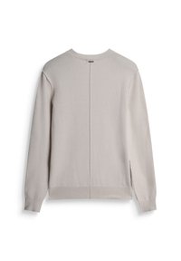 Maglione beige chiaro con scollatura rotonda, polsini e orlo a coste, design della spalla senza cuciture e dettaglio della cucitura centrale lungo la schiena.