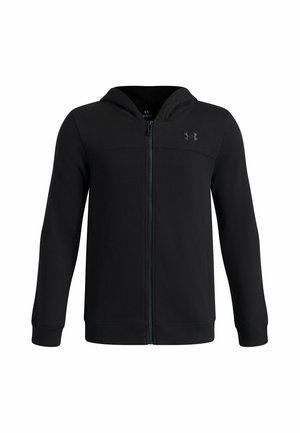 Black full-zip hooded jacket with long sleeves and a small Under Armour logo on the left chest.