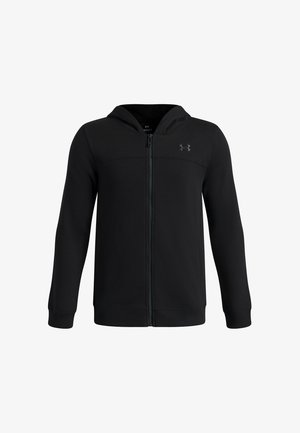 Sort fuld-lynlås hættetrøje med lange ærmer og et lille Under Armour-logo på venstre bryst.