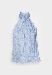 Top halter azul claro hecho de una tela suave con un patrón blanco disperso, anudado en el escote y con una silueta relajada.