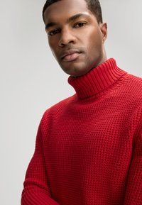 Rode, getextureerde gebreide coltrui met een geribbelde kraag, een aangesloten silhouet en lange mouwen, met een warme stof.