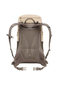 Sac à dos avec une section supérieure beige, un dos rembourré en maille grise, une forme ergonomique, des bretelles réglables et des éléments sur les côtés pour des fixations.