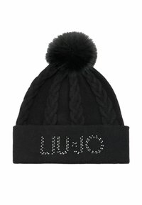 Beanie nero lavorato a maglia con un grande pompon in pelo sulla parte superiore, con una trama intrecciata e dettagli in strass che formano la scritta "LIU·JO" sul polsino.