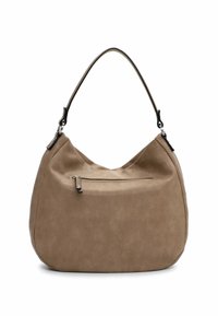 Beige leather shoulder bag with a curved design, soft texture, single strap, and a front zip pocket for secure storage.