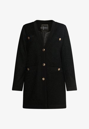 Schwarze Strickjacke aus strukturiertem Stoff, mit V-Ausschnitt, langen Ärmeln, goldenen Knöpfen und zwei Vordertaschen mit schwarzen Akzenten.