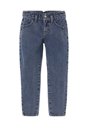Blaue, hoch taillierte, gerade geschnittene Jeans aus Denim mit vorderer Knopfleiste, Reißverschluss, Gürtelschlaufen und Fronttaschen vor weißem Hintergrund.