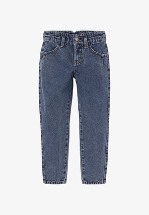 Jean en denim bleu taille haute, coupe droite, avec boutons à l'avant, fermeture éclair, passants pour ceinture et poches avant sur fond blanc.