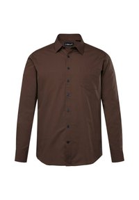 Camisa de manga larga marrón hecha de tejido suave, con cuello puntiagudo, frente abotonado, un bolsillo en el pecho y botones de color azul oscuro.
