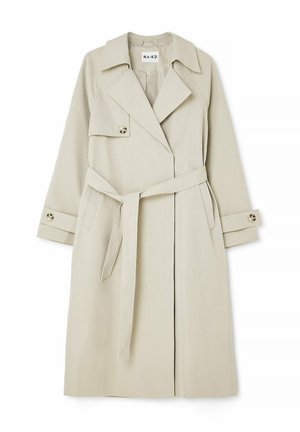 Beež värvi keefrakk kahekordse nööpidega, laia krae, reguleeritavate mansettide ja sobiva vööga. Valmistatud siledast, kergest kangast.