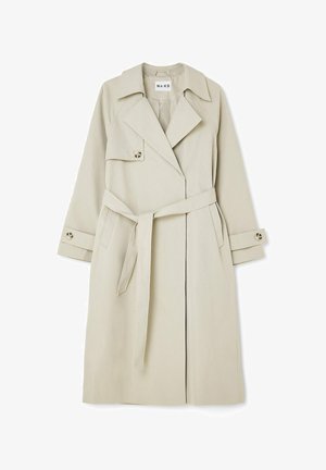 Beež värvi keefrakk kahekordse nööpidega, laia krae, reguleeritavate mansettide ja sobiva vööga. Valmistatud siledast, kergest kangast.