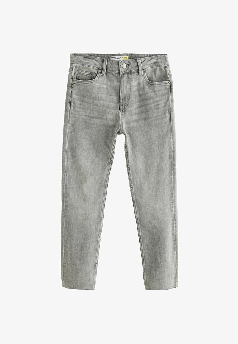 Jean gris slim décontracté avec fermeture bouton et zip, cinq poches, et légère décoloration à l'avant de la cuisse.