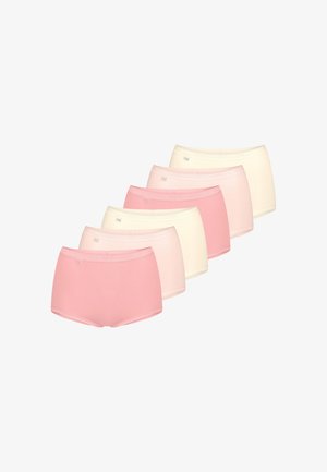 Set of six comfortable shorts in soft cotton fabric. Colors include light pink and cream. Features elastic waistbands and smooth edges.