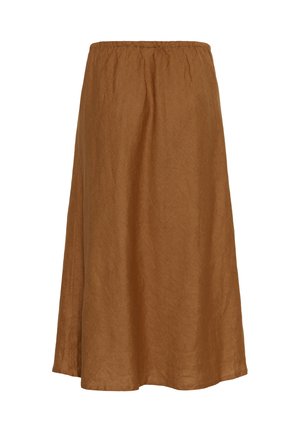 Brown knee-length skirt with elastic waistband and a slightly flared silhouette, made from textured fabric.