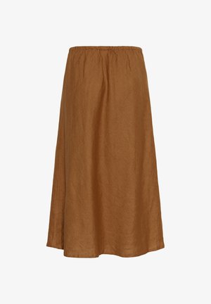 Brown knee-length skirt with elastic waistband and a slightly flared silhouette, made from textured fabric.