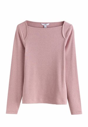 Mauvefarbenes, langärmeliges Rippenstrick-Top mit quadratischem Ausschnitt und figurbetonter Silhouette.