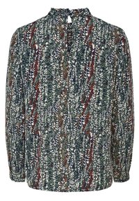 Bluzka w kwiatowy wzór z długimi rękawami, wysokim dekoltem i detalem w formie dziurki z tyłu. Kolory to zieleń, granat, biel i burgund.