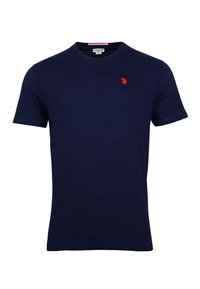 Marineblauwe T-shirt met korte mouwen van katoen. Voorzien van een klein rood geborduurd logo op de linkerborst en een klassieke ronde hals.