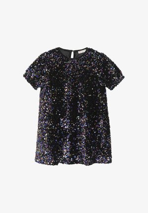 Sort kortærmet kjole dækket af iriserende pailletter, med en rund halsudskæring og en nøglehulåbning bagpå. Glat stofstruktur.