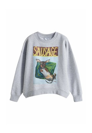 Hanorac gri prevăzut cu un grafic colorat al unui câine intitulat „CÂRNAȚ”, pe un fundal verde deschis. Croială lejeră și manșete ribbed.