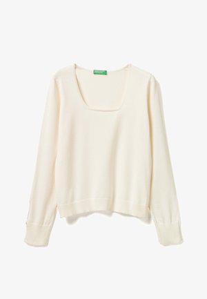Maglione a maniche lunghe color crema con scollo quadrato, polsini a coste e orlo a coste. Realizzato in tessuto morbido con una vestibilità rilassata e cuciture minime.