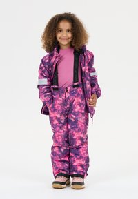 Colorful, waterproof two-piece snow suit featuring pink and purple cloud patterns, reflective accents, adjustable straps, and black boots.