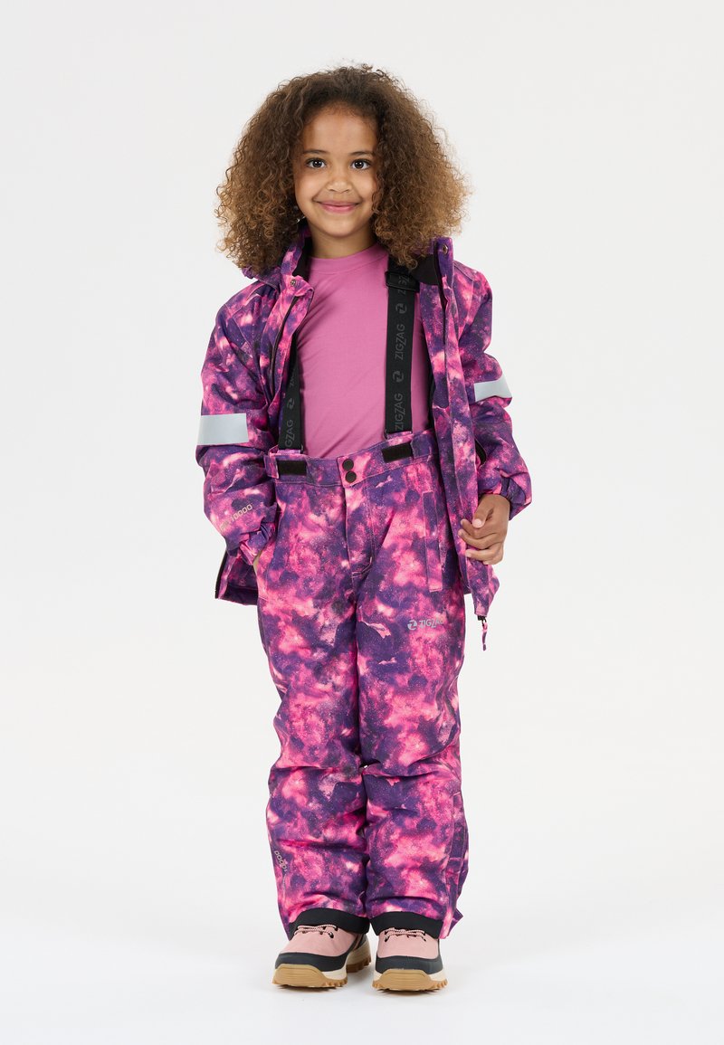 Colorful, waterproof two-piece snow suit featuring pink and purple cloud patterns, reflective accents, adjustable straps, and black boots.
