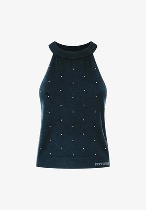 Tumesinine hõlmadega top ribakraega, millel on laiali hajutatud valged kaunistused ja ühtlane alumine äär, valmistatud pehmest kangasegust.