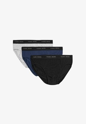 Tres pares de braguitas YSABEL MORA en gris, azul marino y negro. Fabricadas con tejido suave y de textura lisa, y con una cinturilla elástica negra.
