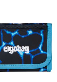 Black pencil case with a blue abstract pattern, zip closure, and an aqua trim. Features the brand name "ergobag" in white lettering.