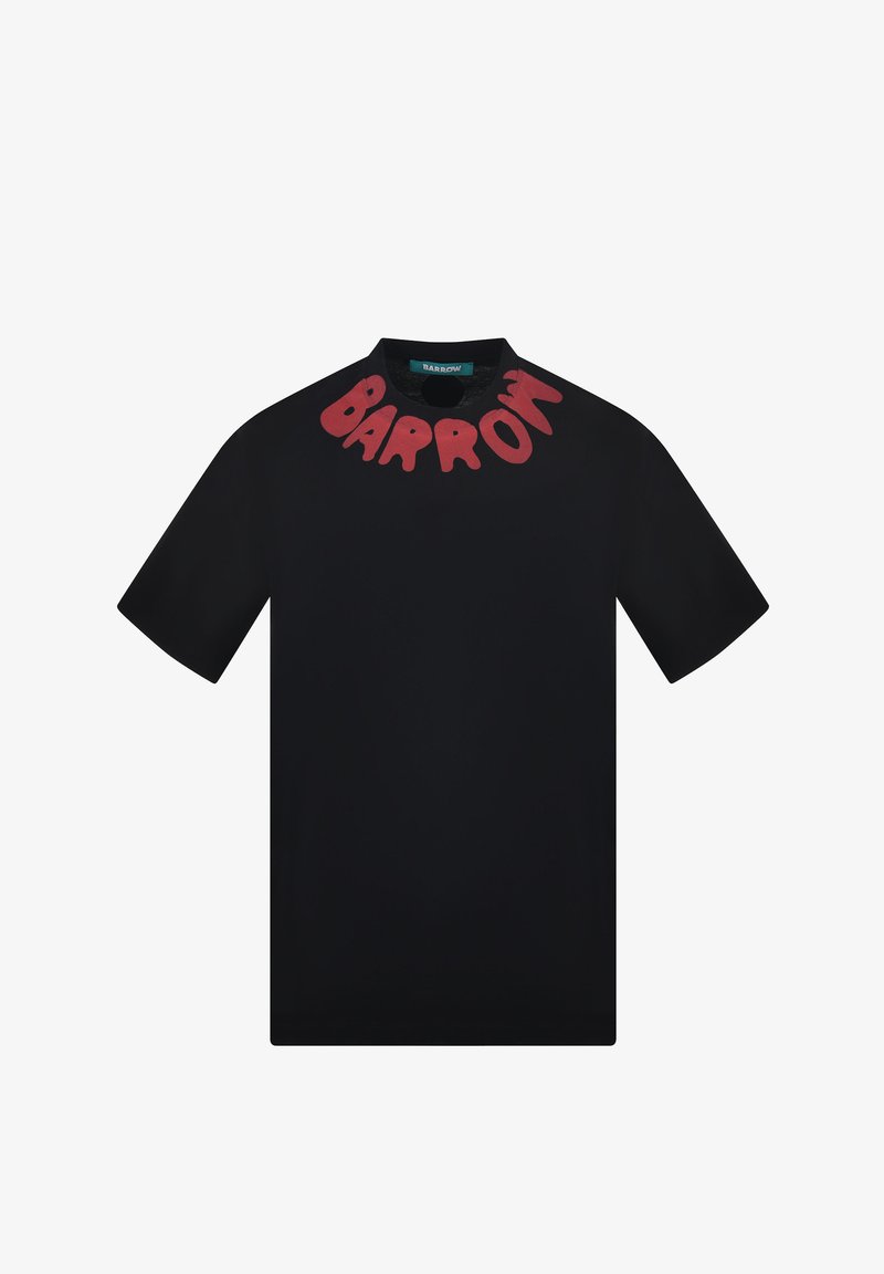 Black short-sleeve t-shirt with red oversized "BARROW" text curved around the neckline.