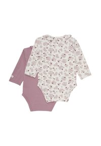 To bodystockings med lange ærmer: en ensfarvet støvet lyserød og en hvid med blomsterprint. Lavet af bomuldsstof, med trykknapper for nem påklædning.