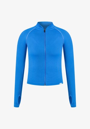 Giacca blu con zip, maniche lunghe, texture a costine e dettagli con fori per il pollice. Caratterizzata da un colletto alto e cuciture a contrasto.