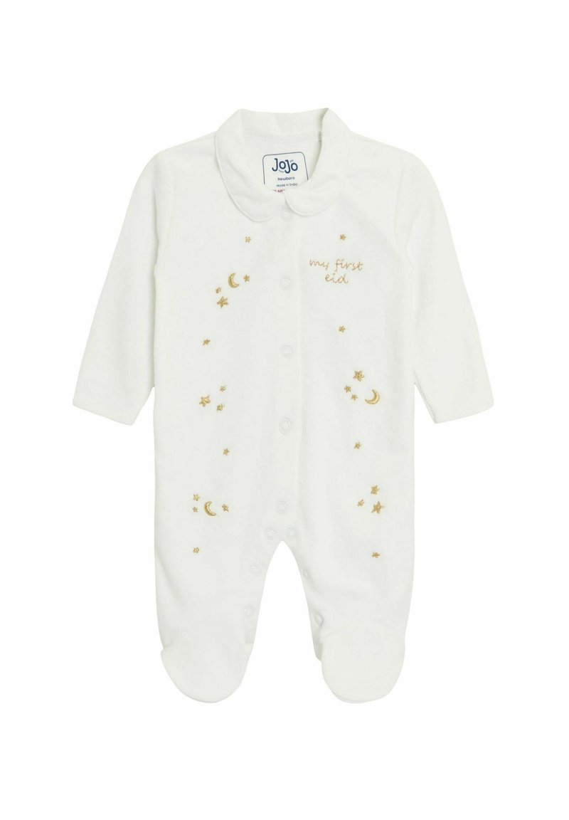 Fehér pamut baba hosszú ujjú rugdalózó, arany hímzett csillagokkal, hónapokkal és a "my first Eid" felirattal, patentos záródással.