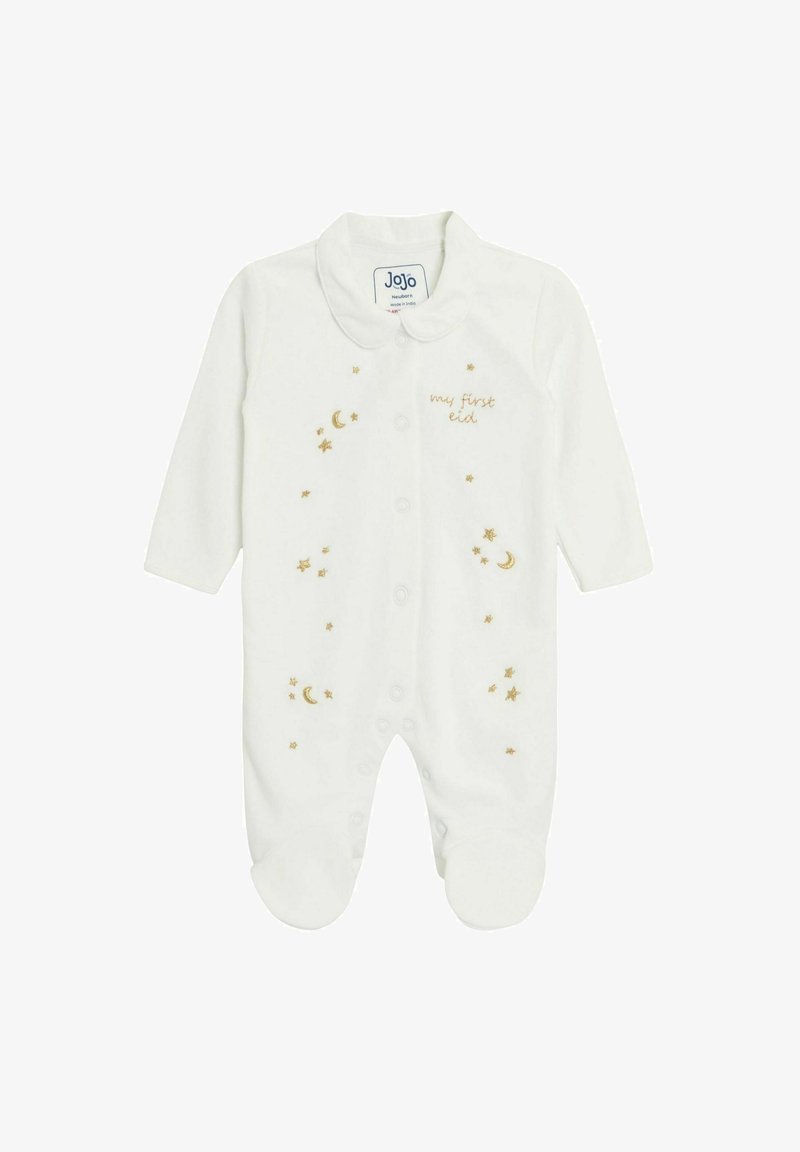 Fehér pamut baba hosszú ujjú rugdalózó, arany hímzett csillagokkal, hónapokkal és a "my first Eid" felirattal, patentos záródással.