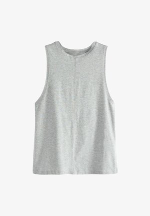 Graues ärmelloses Oberteil aus weichem, leichtem Stoff. Es hat einen runden Ausschnitt und ein schlichtes Design mit geradem Schnitt und minimalen Nähten.