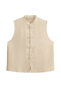 Veste sans manches beige avec col mandarin et quatre fermetures à boutons noués traditionnels sur le devant, présentant des fines rayures verticales.