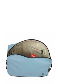 Lichtblauwe pouch gemaakt van soepel materiaal. Beschikt over een ritssluiting, beige interieur met vakken en een kleine, ritscompartiment.