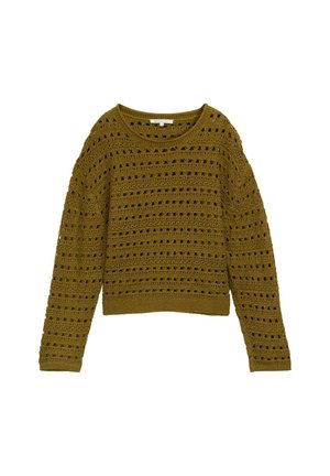 Olijfgroen gehaakt sweater met een losse pasvorm, ronde halslijn en lange mouwen. Kenmerkt zich door een gestreept patroon met uitsparingen en een ribgebreide boord.