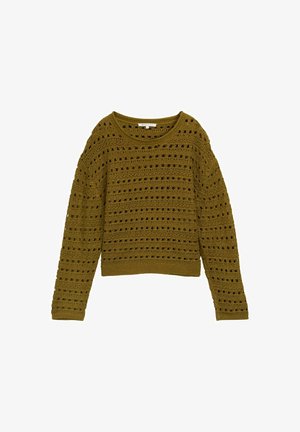 Olijfgroen gehaakt sweater met een losse pasvorm, ronde halslijn en lange mouwen. Kenmerkt zich door een gestreept patroon met uitsparingen en een ribgebreide boord.