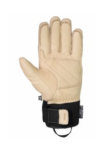 Beige leren handschoen met vijf vingers, gewatteerde palm, diagonale stiksels en een zwarte verstelbare polsband. Heeft een gestructureerde afwerking.