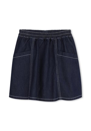 Donkere denimrok met een elastische tailleband, voorzien van twee voorzakken en contrasterende witte stiksels op de naden.