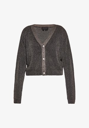 Häkel-Kardigan in Schwarz und Silber mit V-Ausschnitt, langen Ärmeln, cropped Design und fünf aufwendigen Knöpfen auf der Vorderseite.